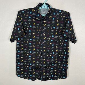 Bucees Shirt Mens Medium Black Button Up Stretch Space UFO Spaceship Print